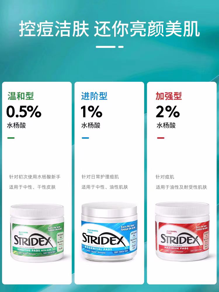美国stridex施颜适水杨酸棉片 控油祛痘痘印黑头