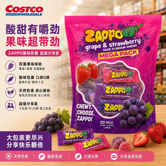 Zappo 30-Pack Grape & Strawberry Sour Flavoured Chews Lollies Mega Pack 870g