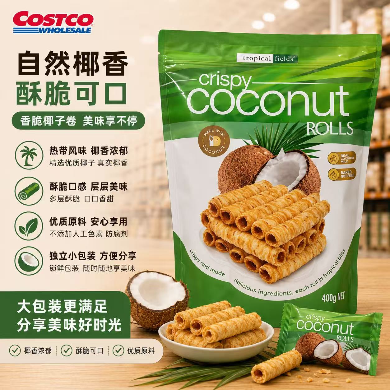 Tropical Fields Crispy Coconut Rolls, 400g